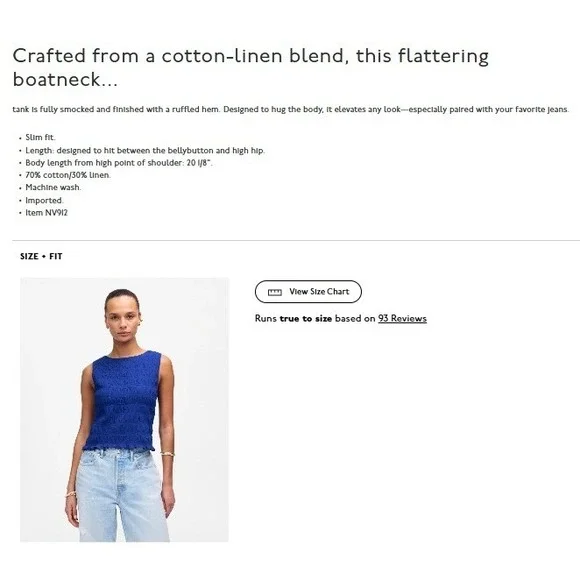 Madewell Top Womens XS Blue Smocked Boatneck Tank Brilliant Sapphire NV912 - Picture 2 of 12